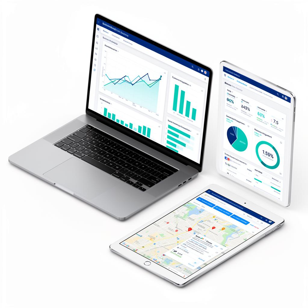 Business growth analytics dashboard showing customer acquisition, revenue increase, and marketing performance metrics